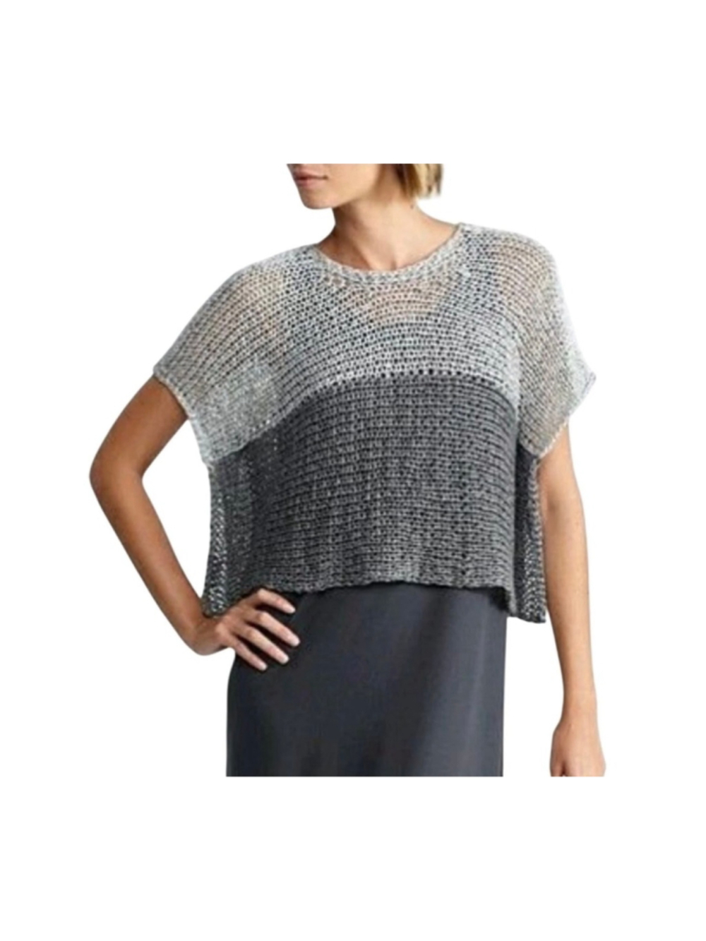 Eileen Fisher Women's Petite MP Sweater Grey Silver Scoop Neck Knit Top